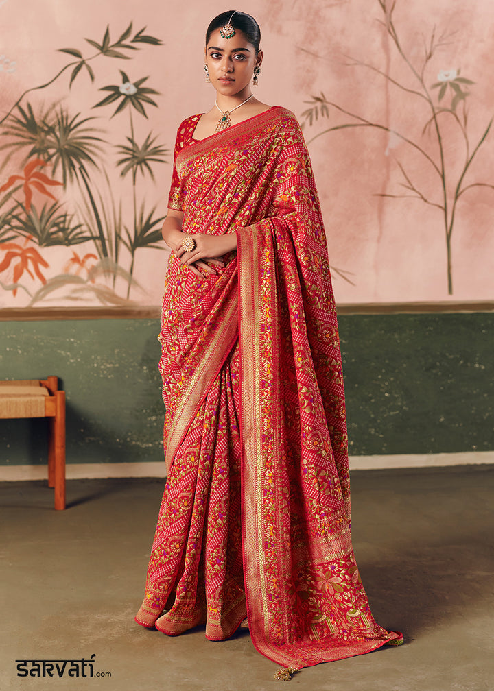 Red &amp; Pink Khaddi Georgette Saree with Bandhej Weaving Artistry