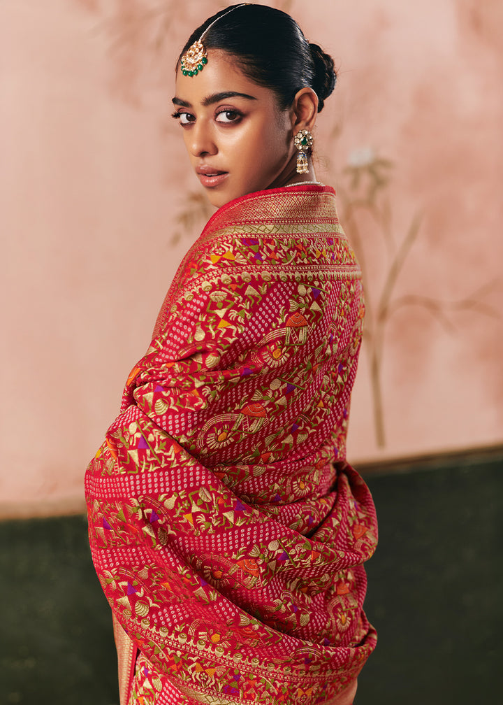 Red &amp; Pink Khaddi Georgette Saree with Bandhej Weaving Artistry