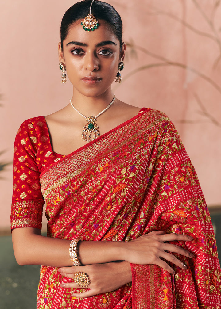Red &amp; Pink Khaddi Georgette Saree with Bandhej Weaving Artistry