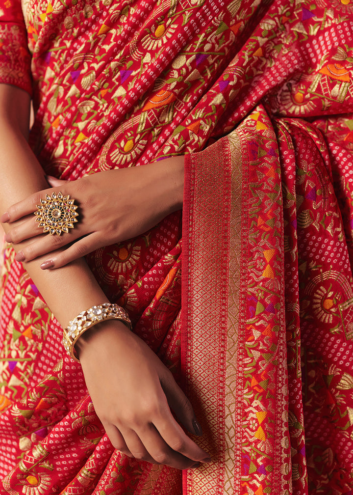 Red &amp; Pink Khaddi Georgette Saree with Bandhej Weaving Artistry