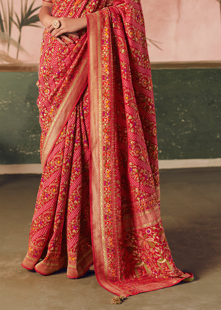 Red &amp; Pink Khaddi Georgette Saree with Bandhej Weaving Artistry