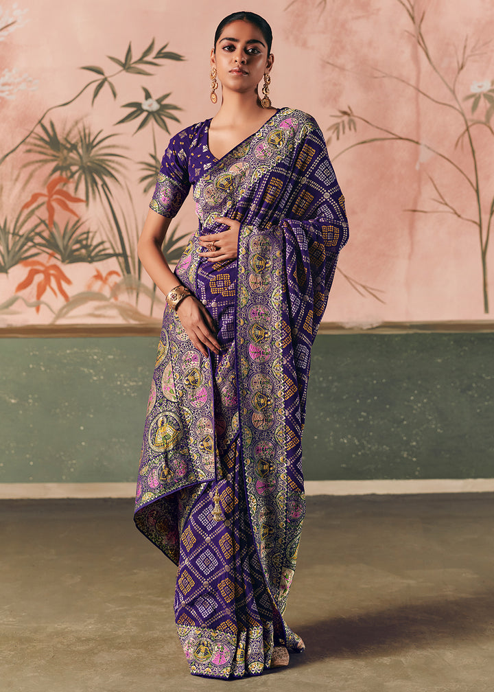 Royal Purple Khaddi Georgette Saree with Bandhej Weaving Artistry