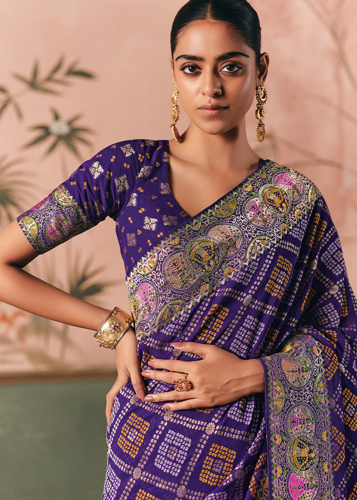 Royal Purple Khaddi Georgette Saree with Bandhej Weaving Artistry