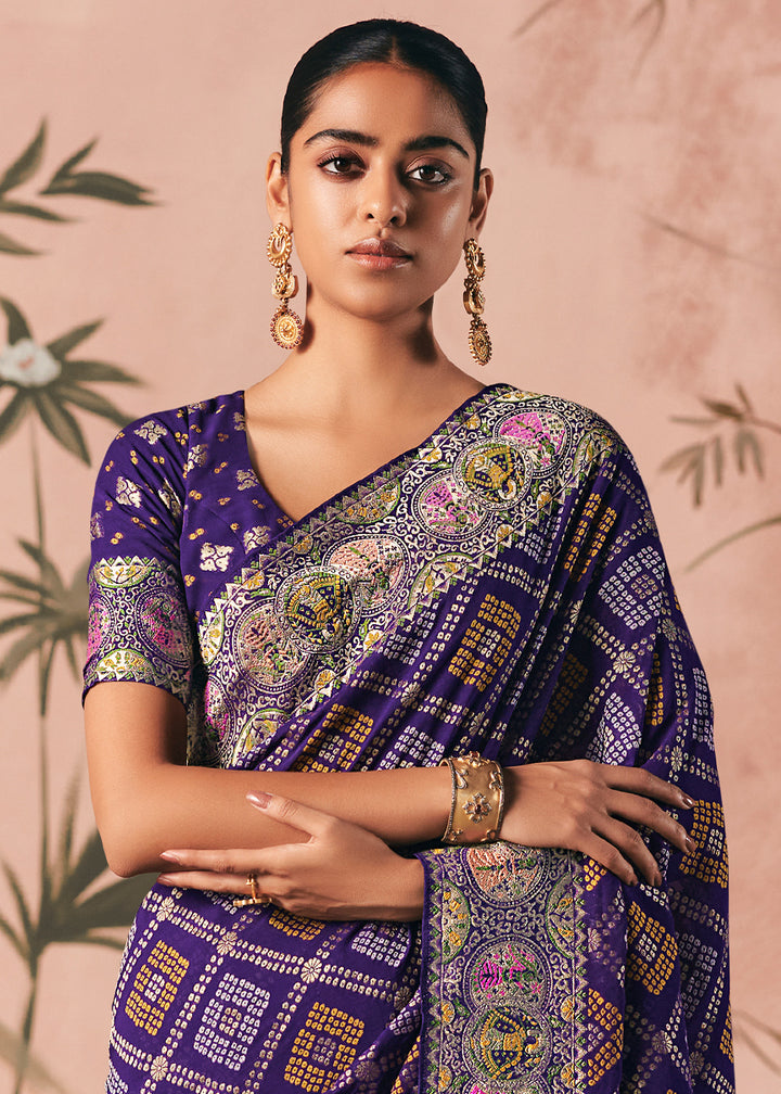 Royal Purple Khaddi Georgette Saree with Bandhej Weaving Artistry