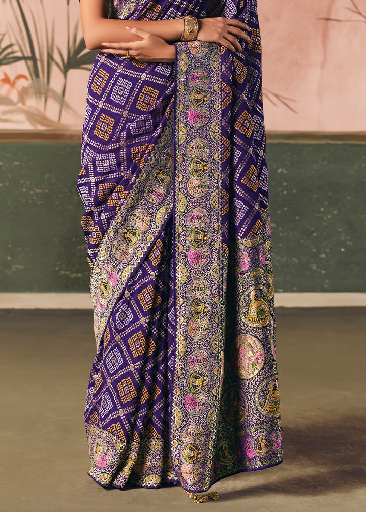 Royal Purple Khaddi Georgette Saree with Bandhej Weaving Artistry