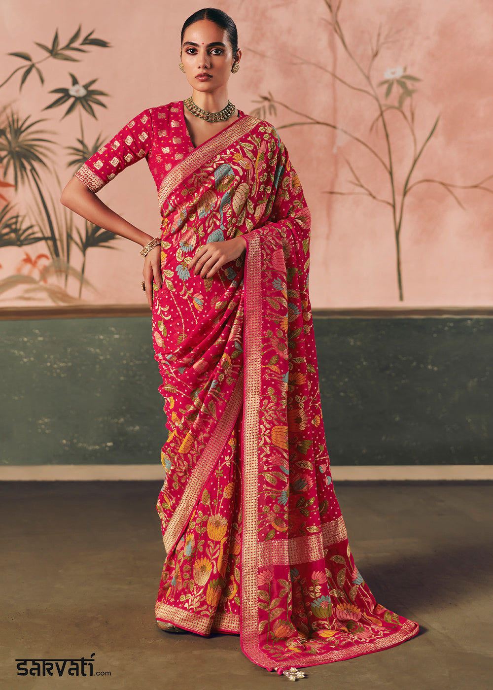 Raspberry Pink Khaddi Georgette Saree with Bandhej Weaving Artistry