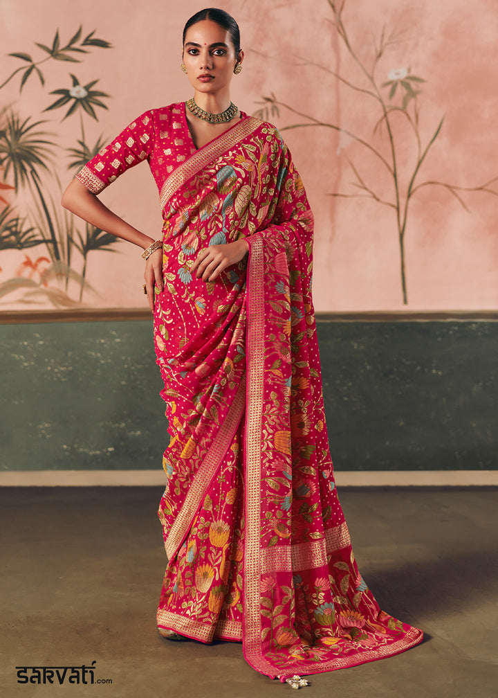 Raspberry Pink Khaddi Georgette Saree with Bandhej Weaving Artistry