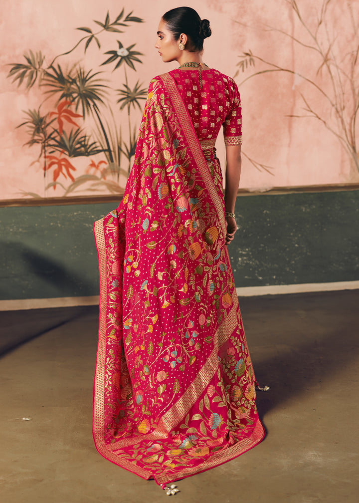 Raspberry Pink Khaddi Georgette Saree with Bandhej Weaving Artistry