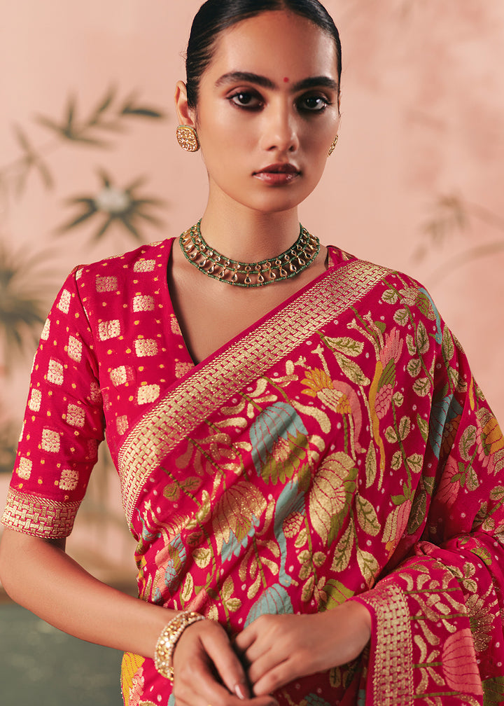 Raspberry Pink Khaddi Georgette Saree with Bandhej Weaving Artistry