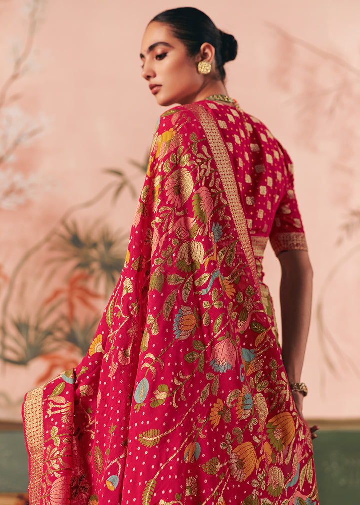 Raspberry Pink Khaddi Georgette Saree with Bandhej Weaving Artistry