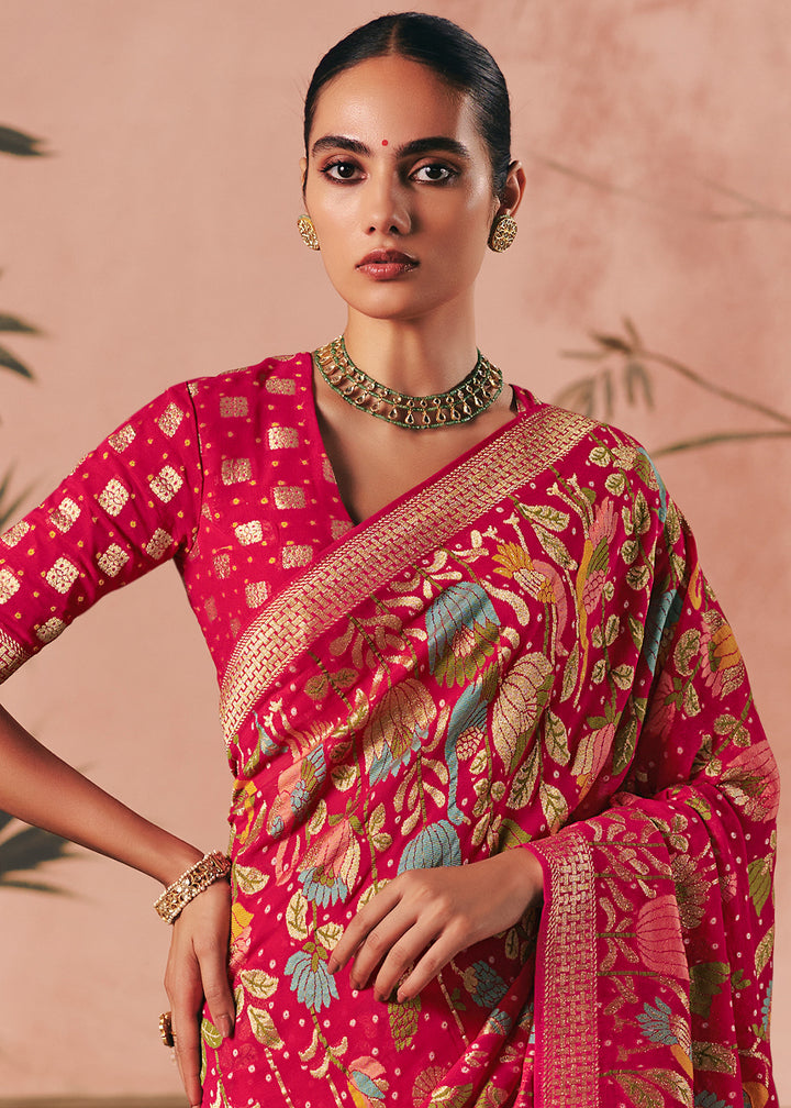 Raspberry Pink Khaddi Georgette Saree with Bandhej Weaving Artistry