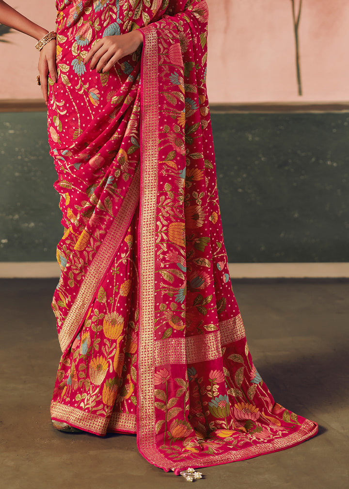 Raspberry Pink Khaddi Georgette Saree with Bandhej Weaving Artistry