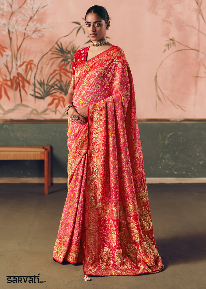 Shades Of Pink &amp; Red Khaddi Georgette Saree with Bandhej Weaving Artistry