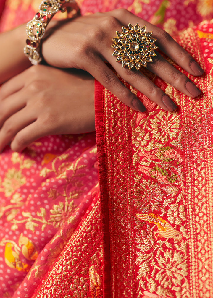 Shades Of Pink &amp; Red Khaddi Georgette Saree with Bandhej Weaving Artistry