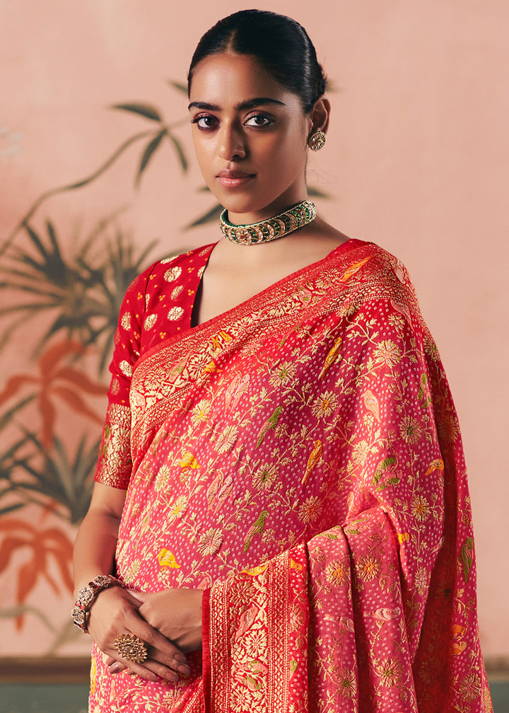 Shades Of Pink &amp; Red Khaddi Georgette Saree with Bandhej Weaving Artistry