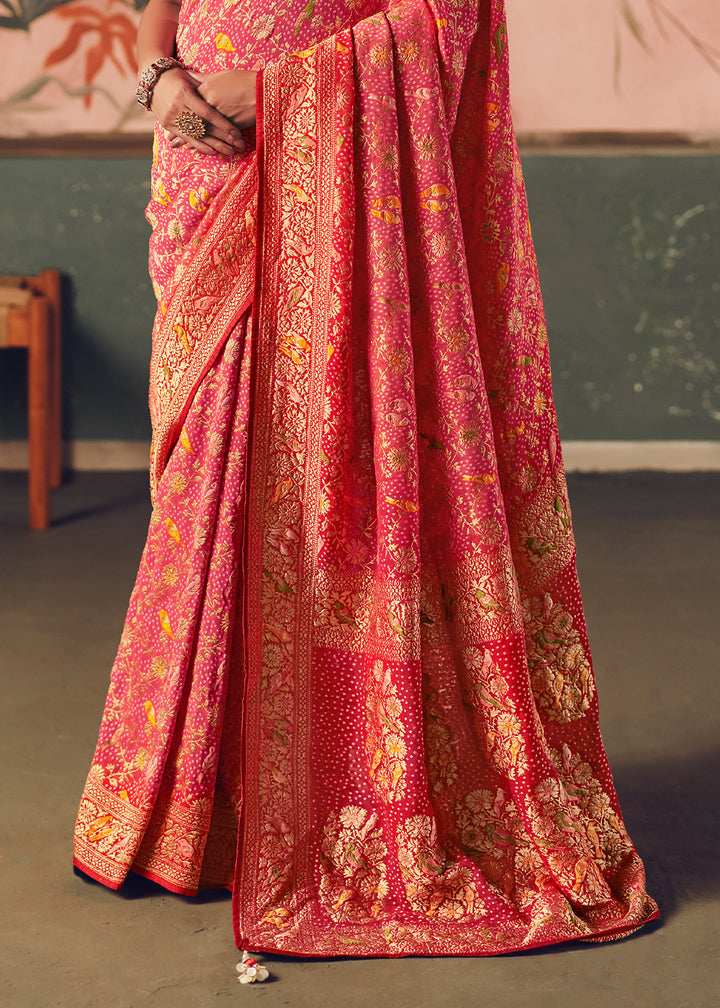 Shades Of Pink &amp; Red Khaddi Georgette Saree with Bandhej Weaving Artistry
