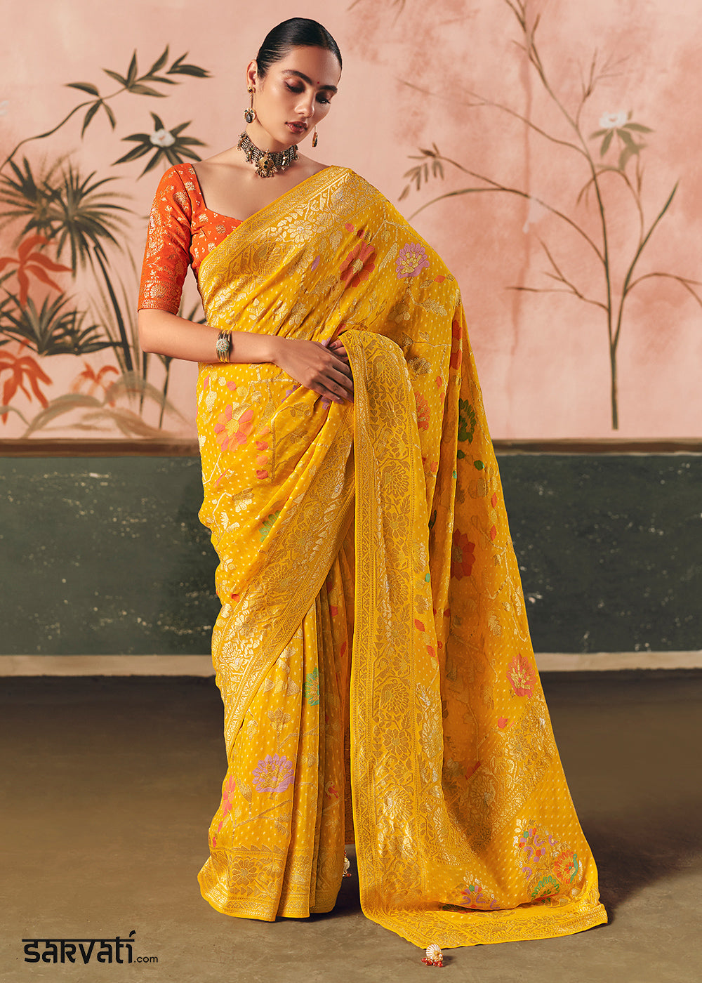 Canary Yellow Khaddi Georgette Saree with Bandhej Weaving Artistry