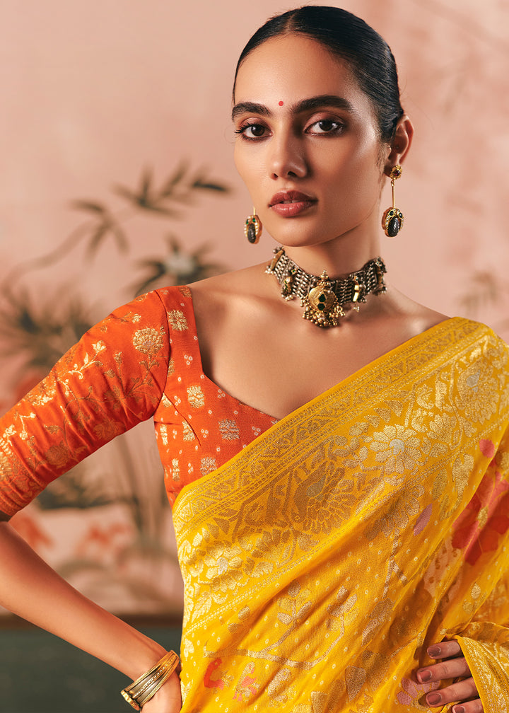 Canary Yellow Khaddi Georgette Saree with Bandhej Weaving Artistry
