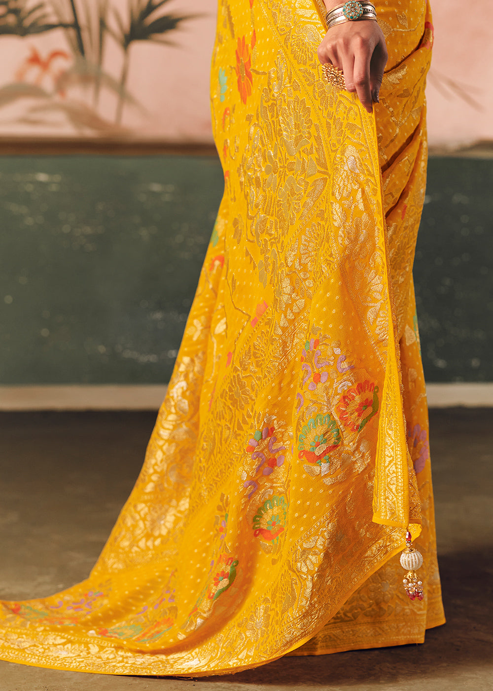 Canary Yellow Khaddi Georgette Saree with Bandhej Weaving Artistry