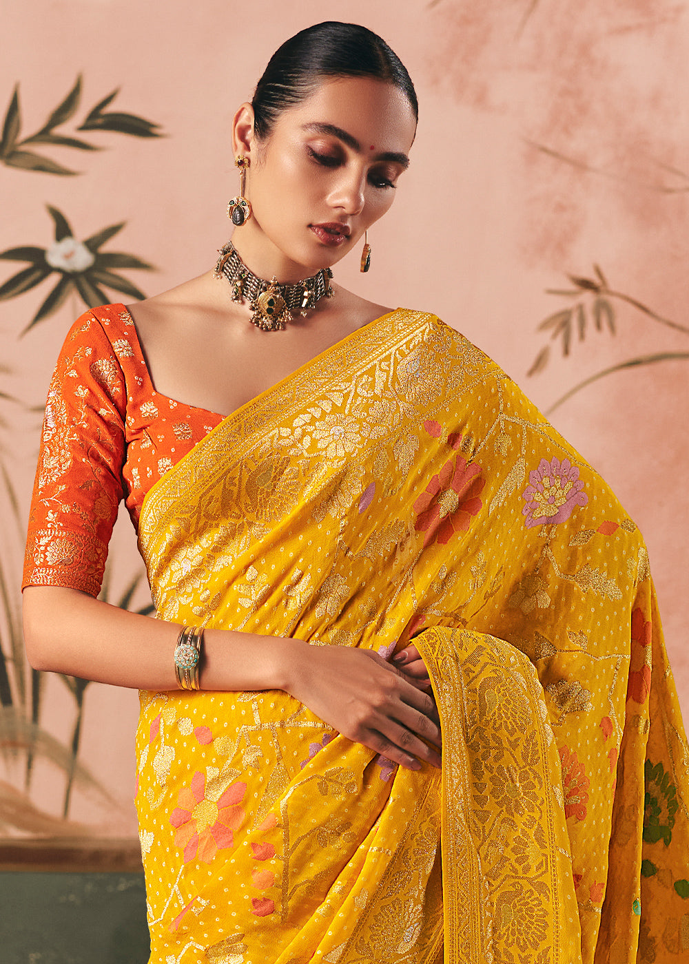 Canary Yellow Khaddi Georgette Saree with Bandhej Weaving Artistry