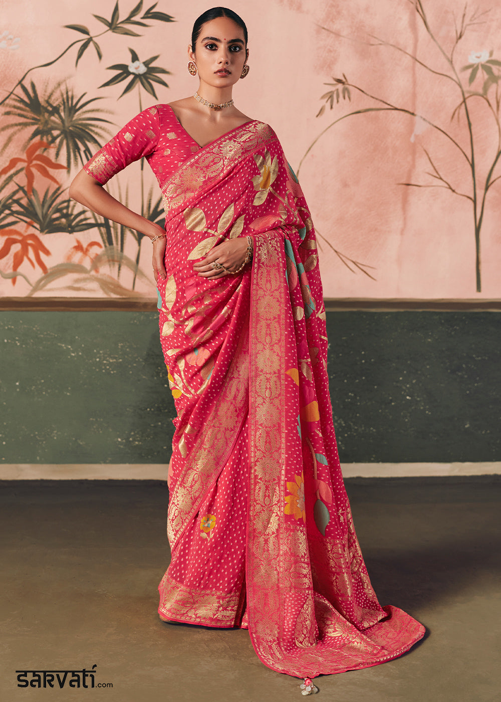Rouge Pink Khaddi Georgette Saree with Bandhej Weaving Artistry