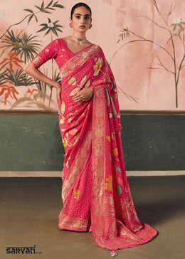 Rouge Pink Khaddi Georgette Saree with Bandhej Weaving Artistry