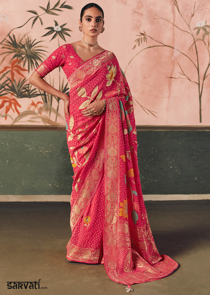 Rouge Pink Khaddi Georgette Saree with Bandhej Weaving Artistry
