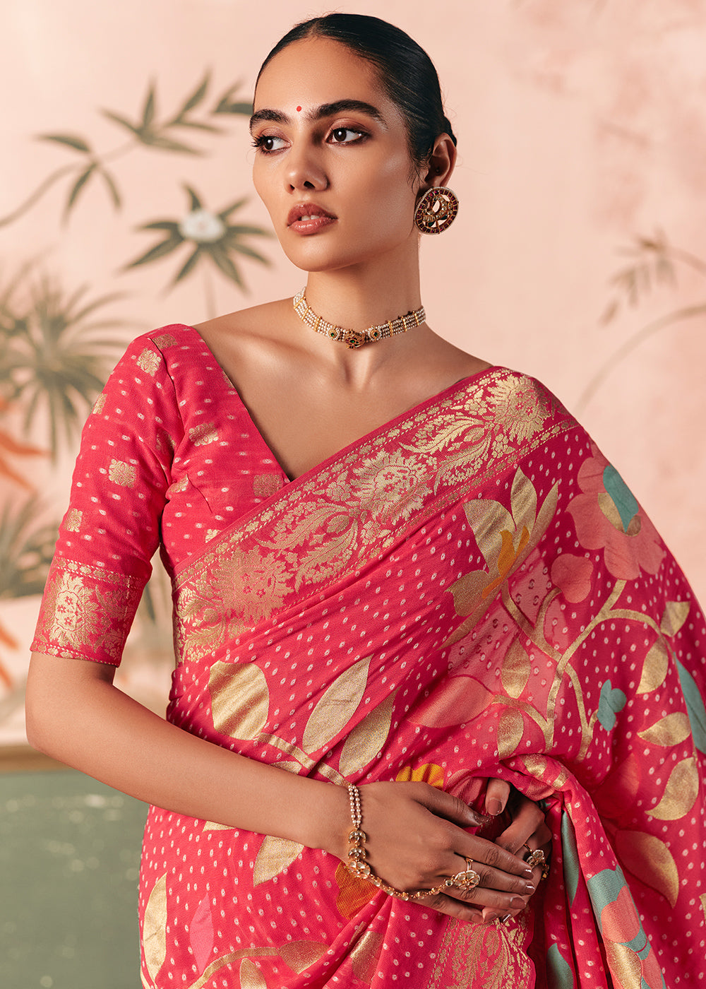 Rouge Pink Khaddi Georgette Saree with Bandhej Weaving Artistry