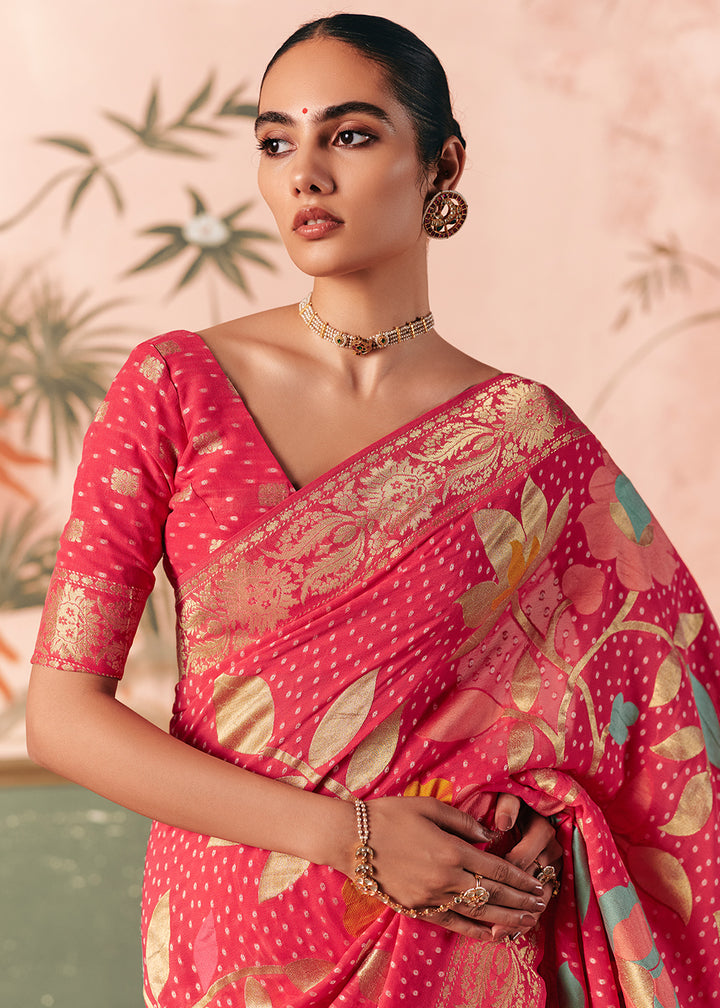 Rouge Pink Khaddi Georgette Saree with Bandhej Weaving Artistry