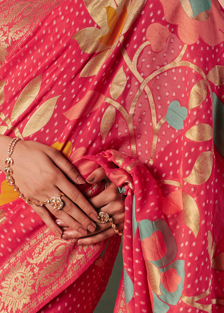 Rouge Pink Khaddi Georgette Saree with Bandhej Weaving Artistry