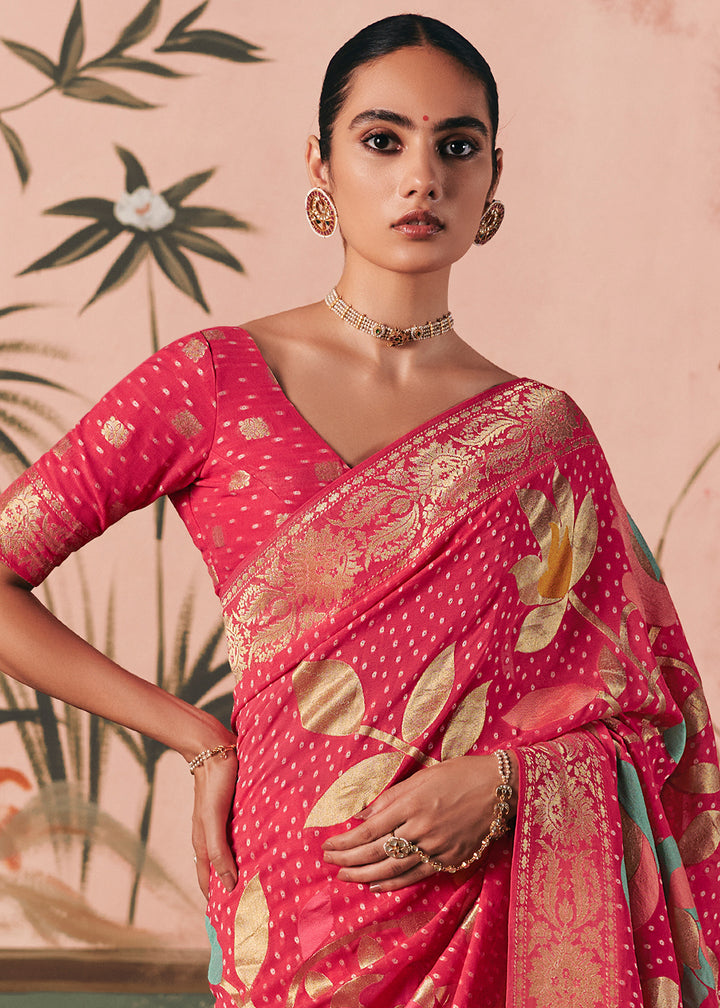 Rouge Pink Khaddi Georgette Saree with Bandhej Weaving Artistry