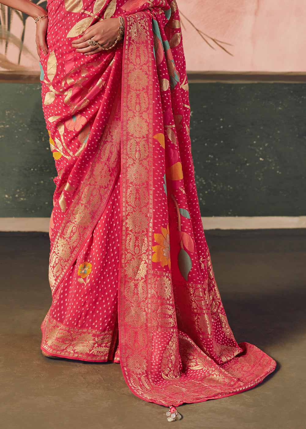 Rouge Pink Khaddi Georgette Saree with Bandhej Weaving Artistry