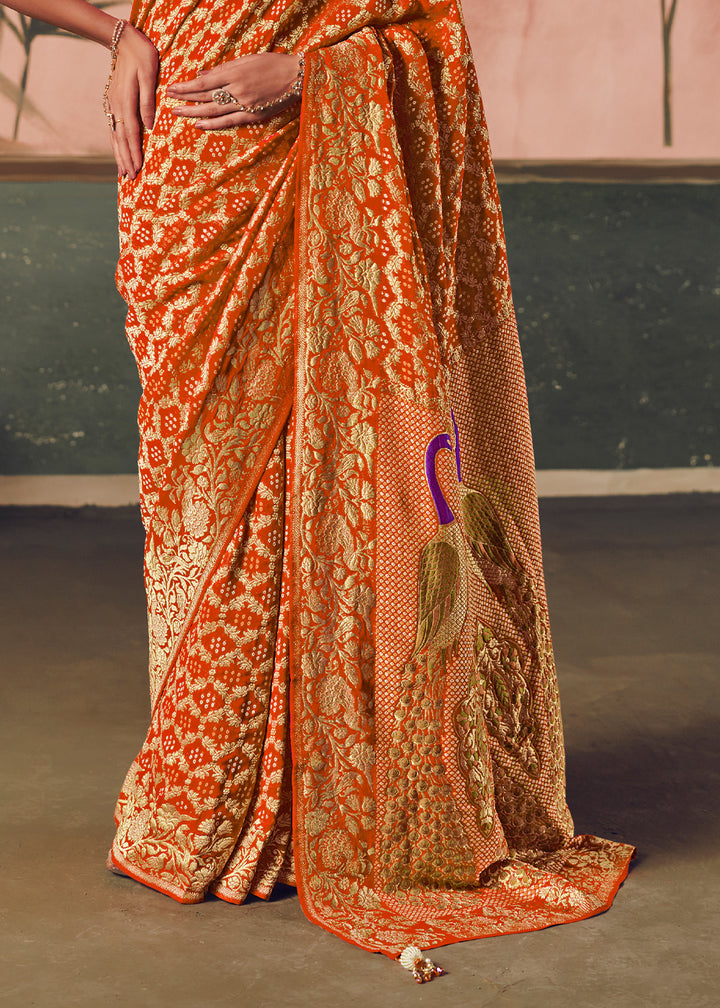 Pumpkin Orange Khaddi Georgette Saree with Bandhej Weaving Artistry