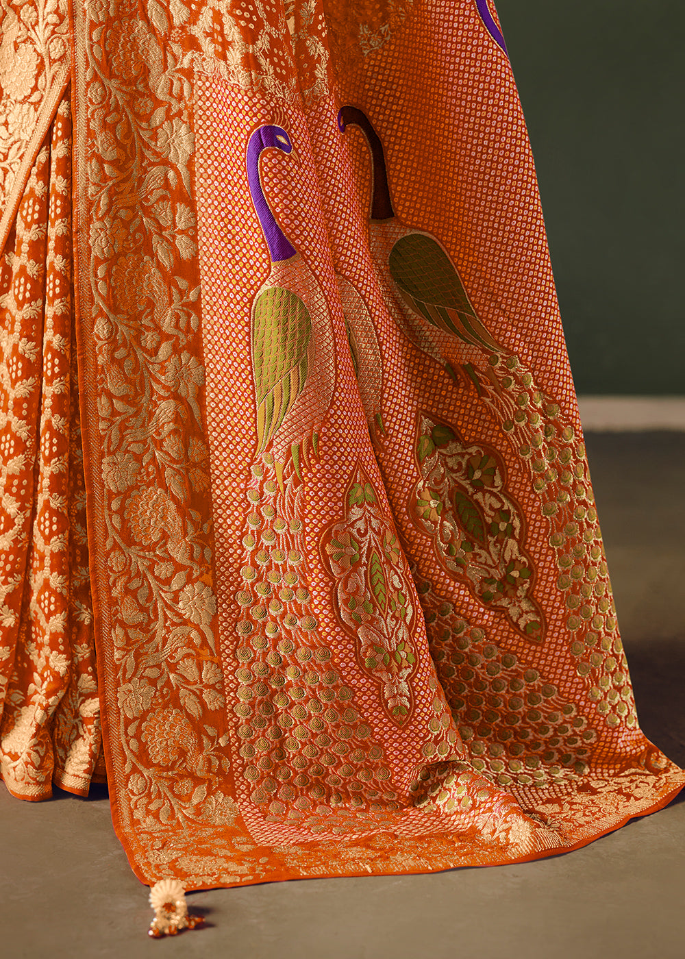 Pumpkin Orange Khaddi Georgette Saree with Bandhej Weaving Artistry