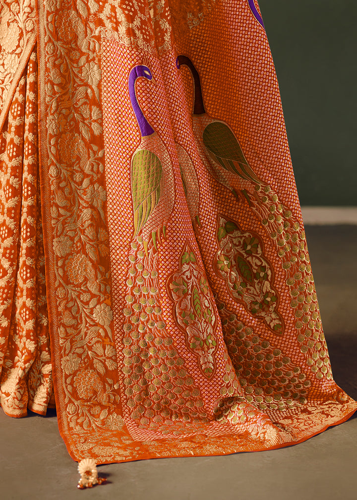 Pumpkin Orange Khaddi Georgette Saree with Bandhej Weaving Artistry