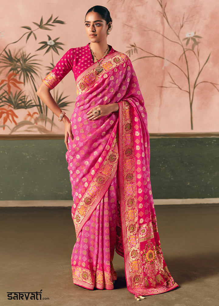 Deep Pink Khaddi Georgette Saree with Bandhej Weaving Artistry