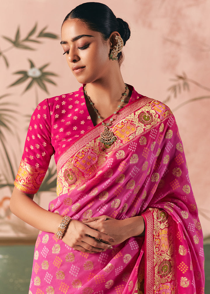 Deep Pink Khaddi Georgette Saree with Bandhej Weaving Artistry