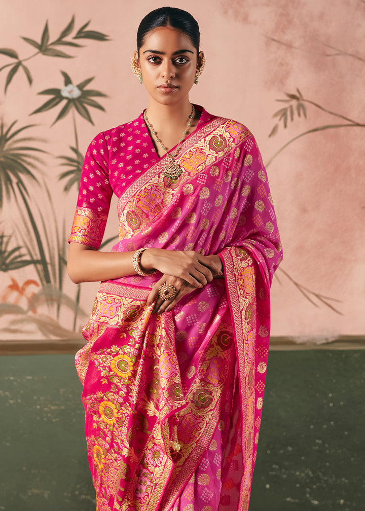 Deep Pink Khaddi Georgette Saree with Bandhej Weaving Artistry