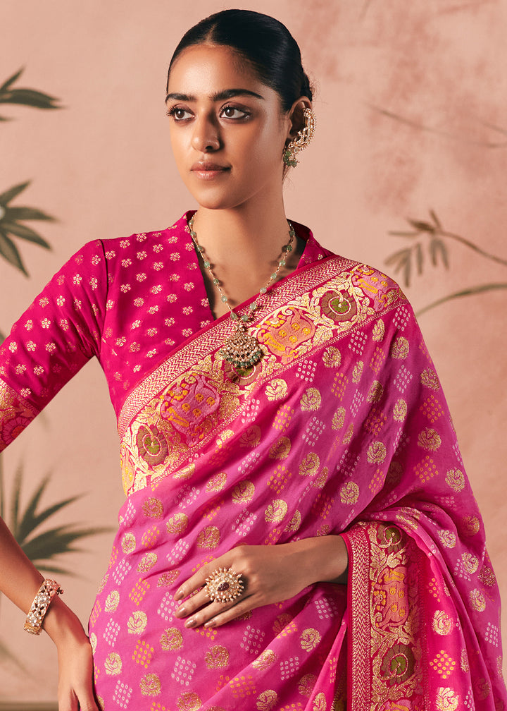 Deep Pink Khaddi Georgette Saree with Bandhej Weaving Artistry