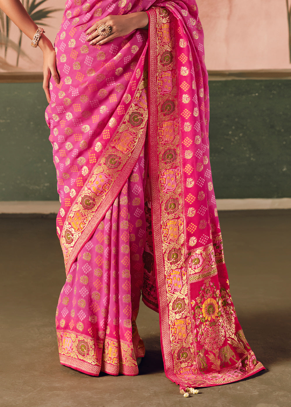 Deep Pink Khaddi Georgette Saree with Bandhej Weaving Artistry