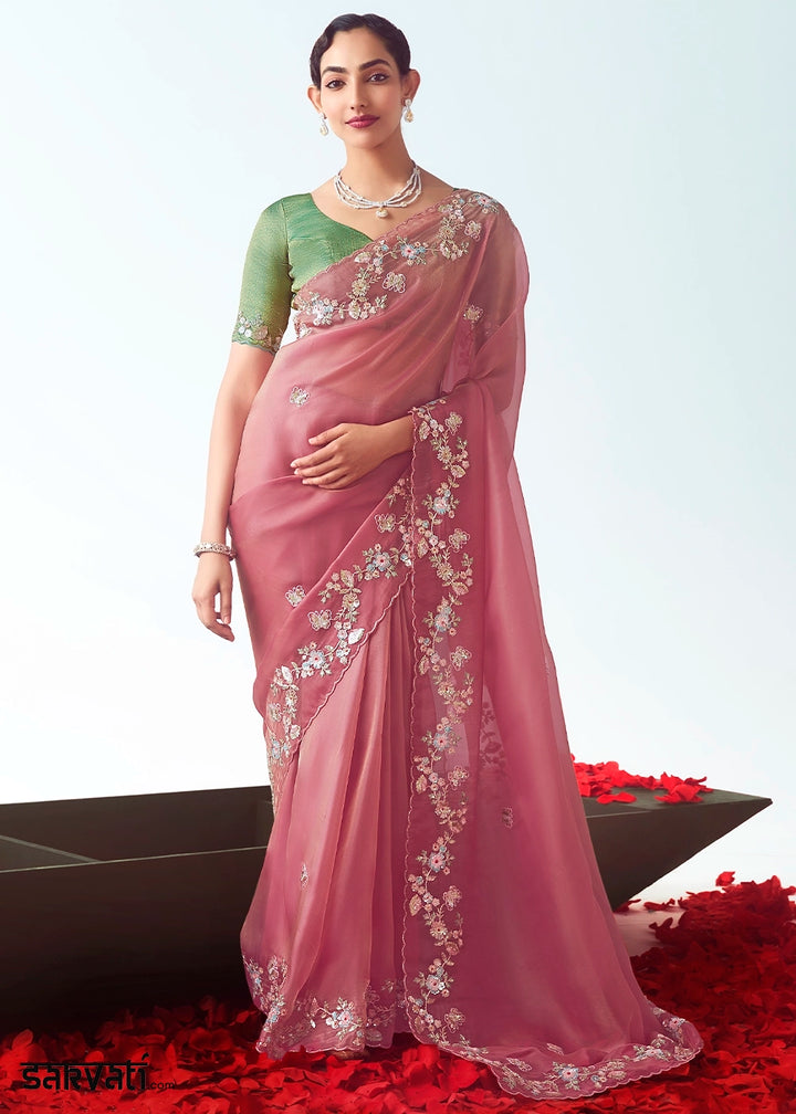 Rose Pink Tissue Saree with Floral Embroidery Design