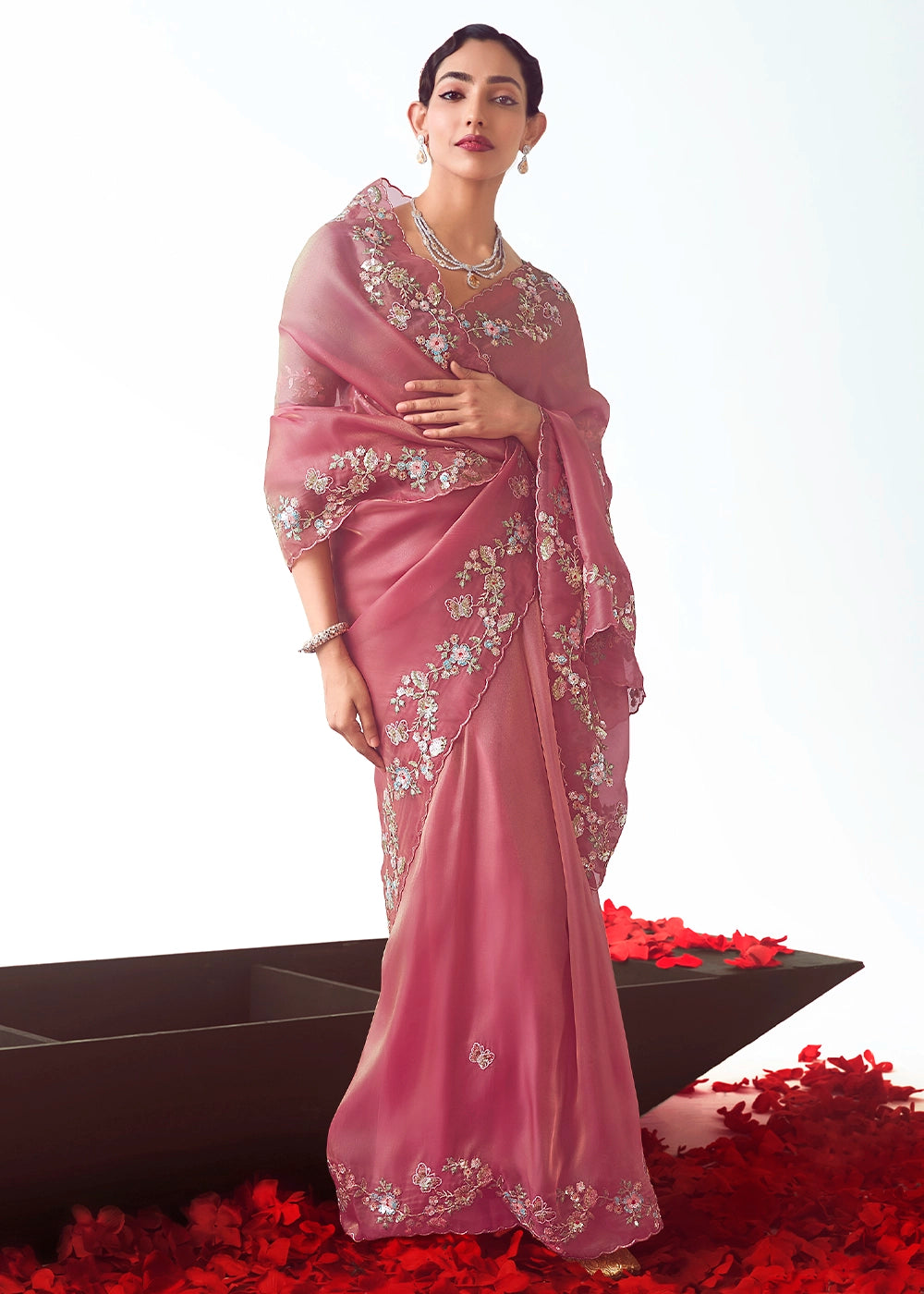 Rose Pink Tissue Saree with Floral Embroidery Design
