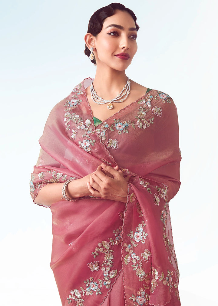 Rose Pink Tissue Saree with Floral Embroidery Design