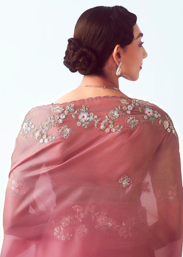 Rose Pink Tissue Saree with Floral Embroidery Design
