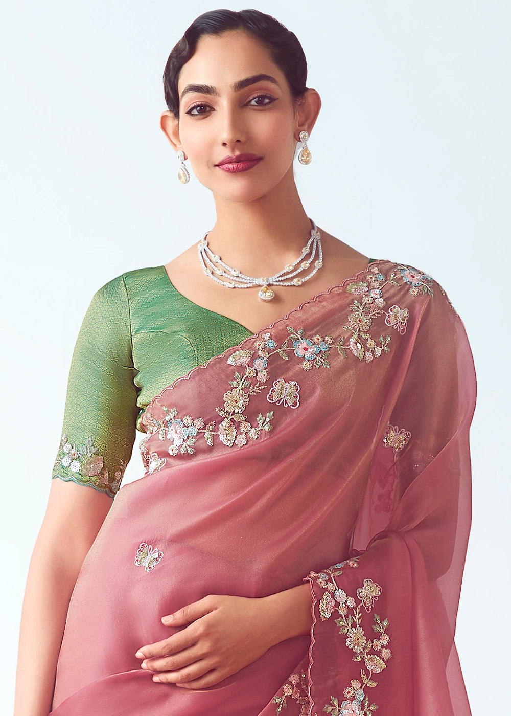 Rose Pink Tissue Saree with Floral Embroidery Design