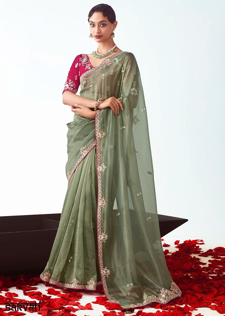 Moss Green Tissue Saree with Floral Embroidery Design