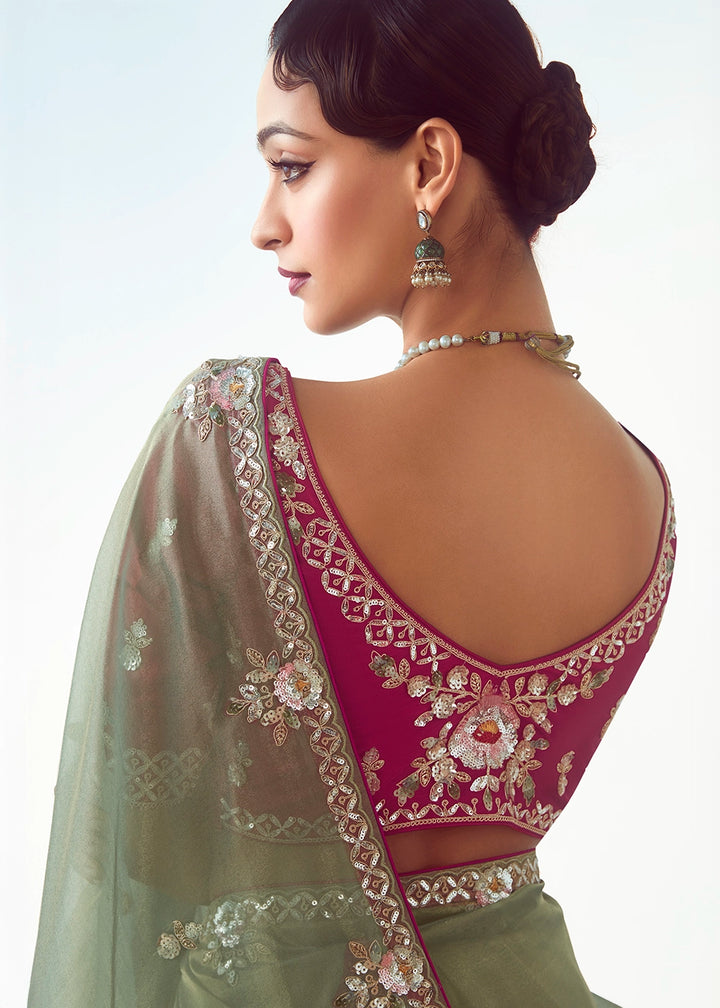 Moss Green Tissue Saree with Floral Embroidery Design