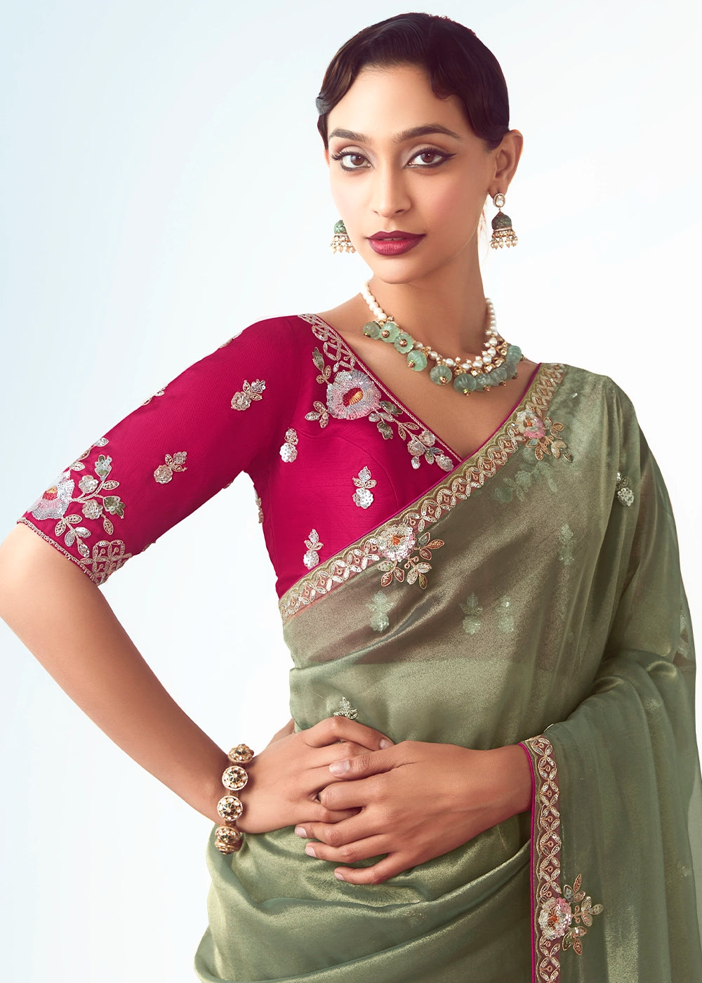Moss Green Tissue Saree with Floral Embroidery Design