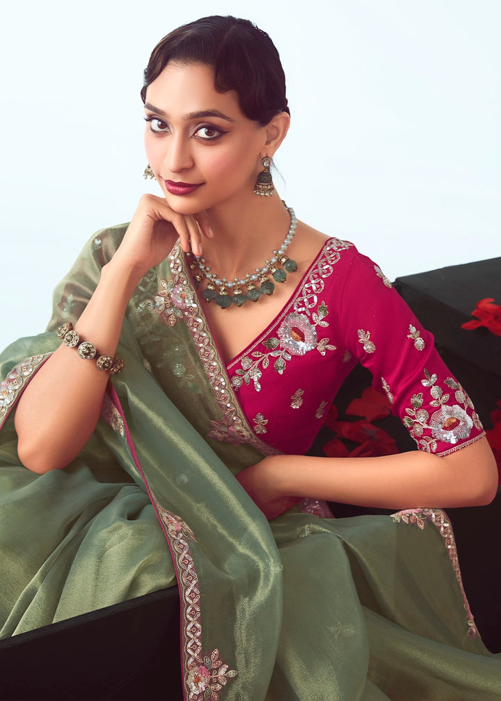 Moss Green Tissue Saree with Floral Embroidery Design