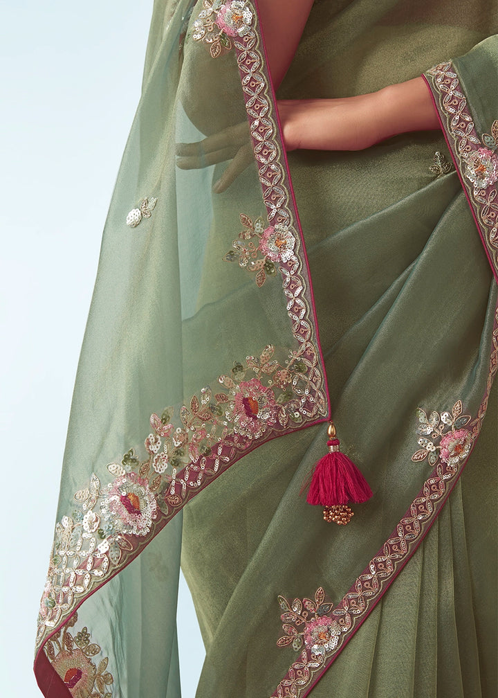 Moss Green Tissue Saree with Floral Embroidery Design